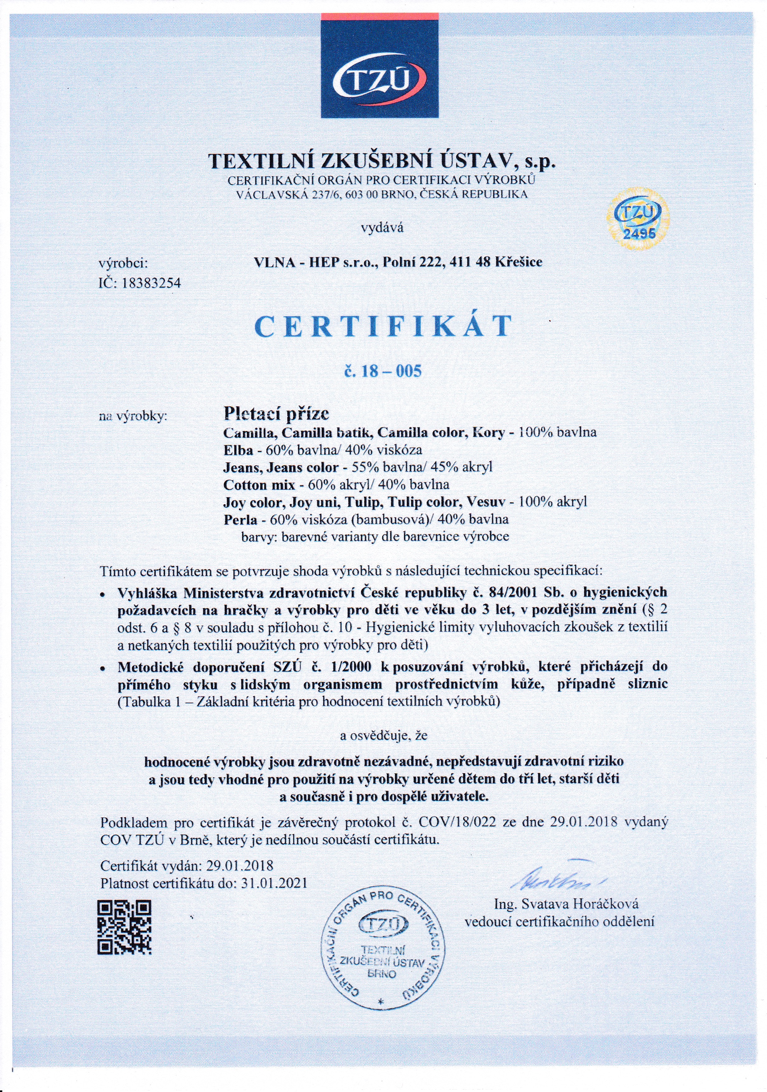 Certifikát Perla Vlna-Hep